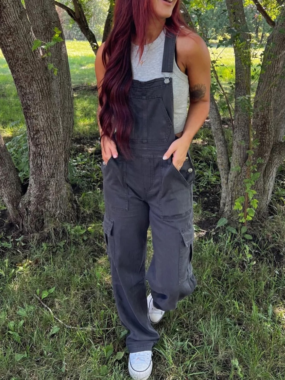 Aerie Baggy Bib Overall Smoke Gray Cargo Pockets Wide Leg Size Large - Picture 5 of 12